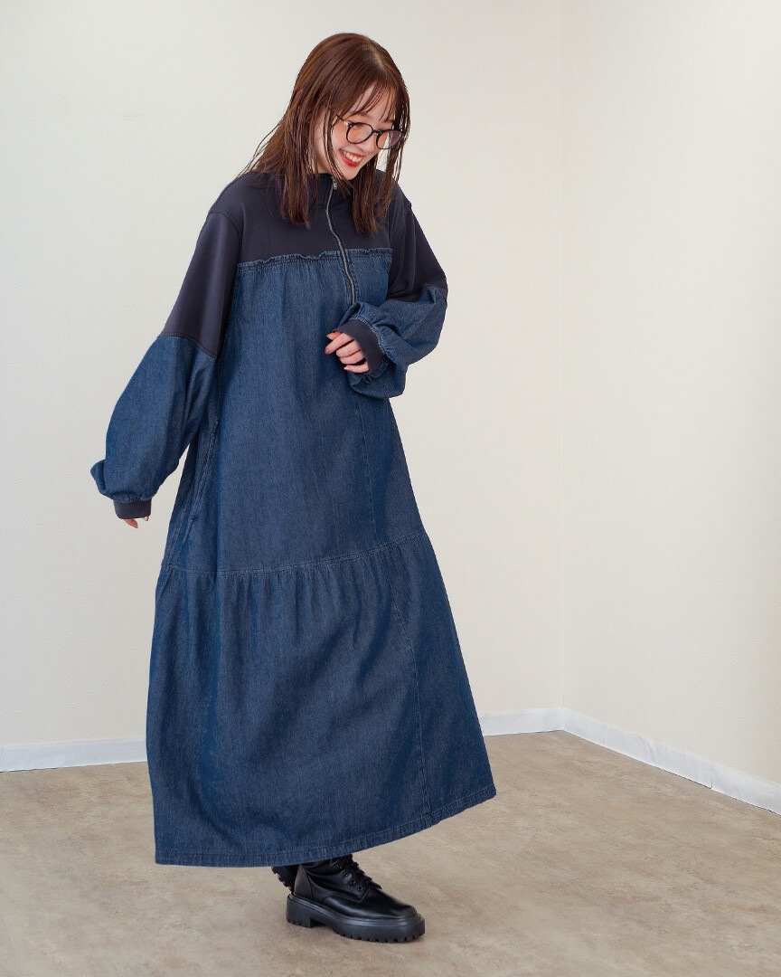 mili plus ミリプラス 裏毛×デニム ギャザーワンピ 225008