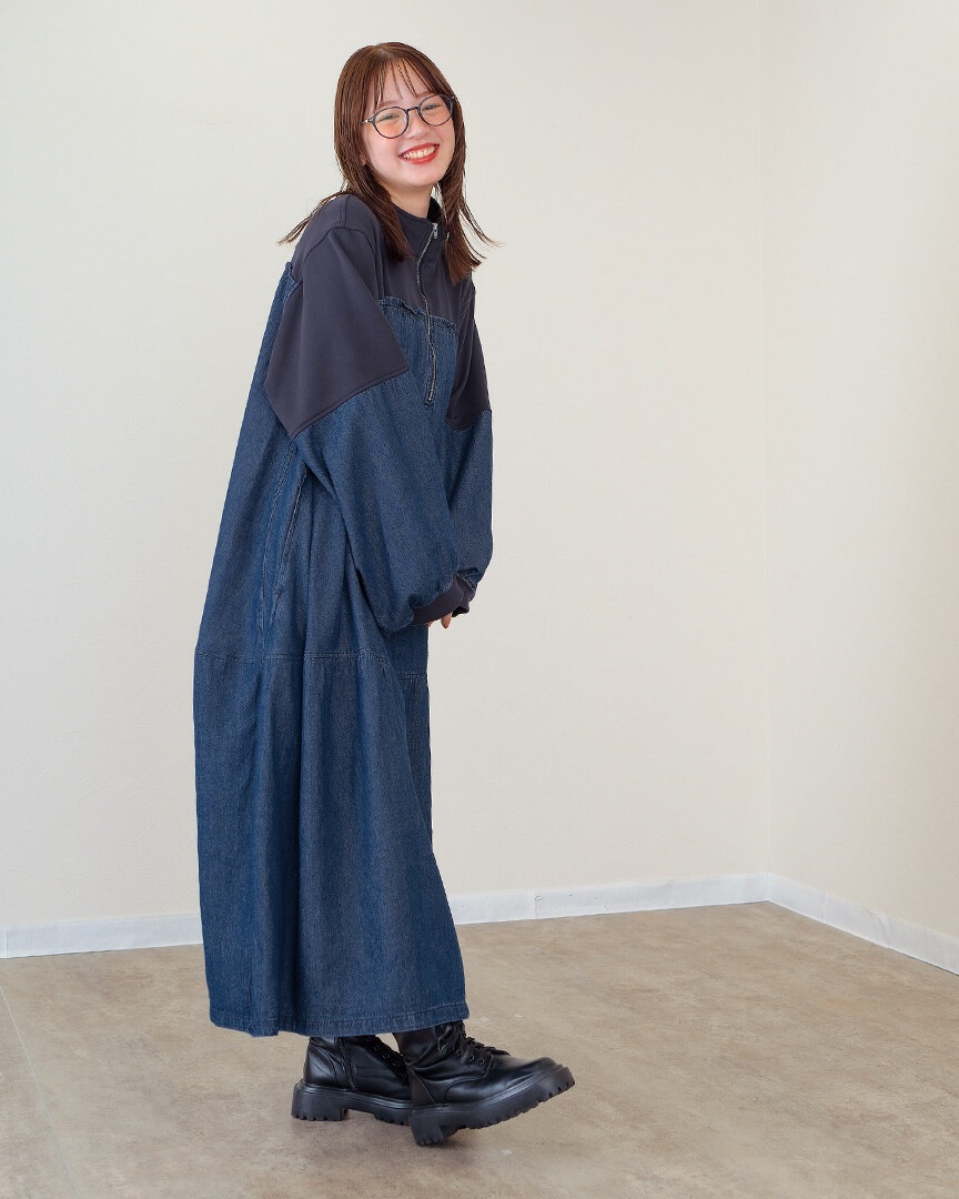 mili plus ミリプラス 裏毛×デニム ギャザーワンピ 225008
