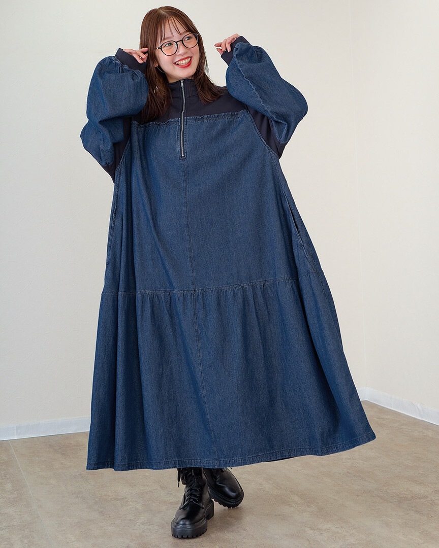 mili plus ミリプラス 裏毛×デニム ギャザーワンピ 225008