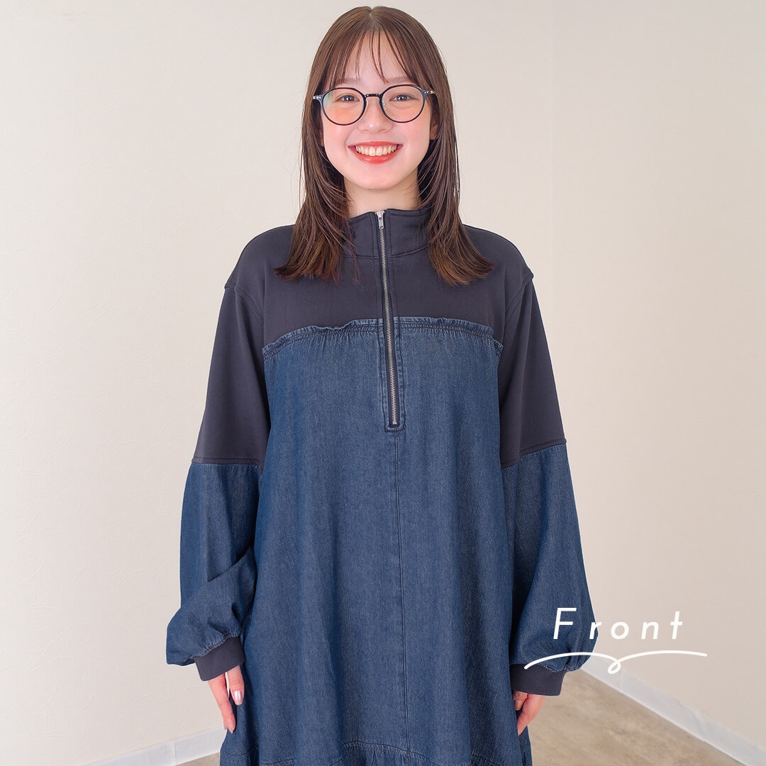 mili plus ミリプラス 裏毛×デニム ギャザーワンピ 225008