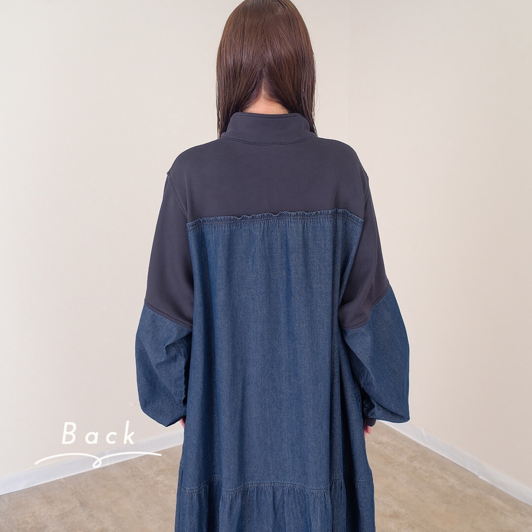 mili plus ミリプラス 裏毛×デニム ギャザーワンピ 225008