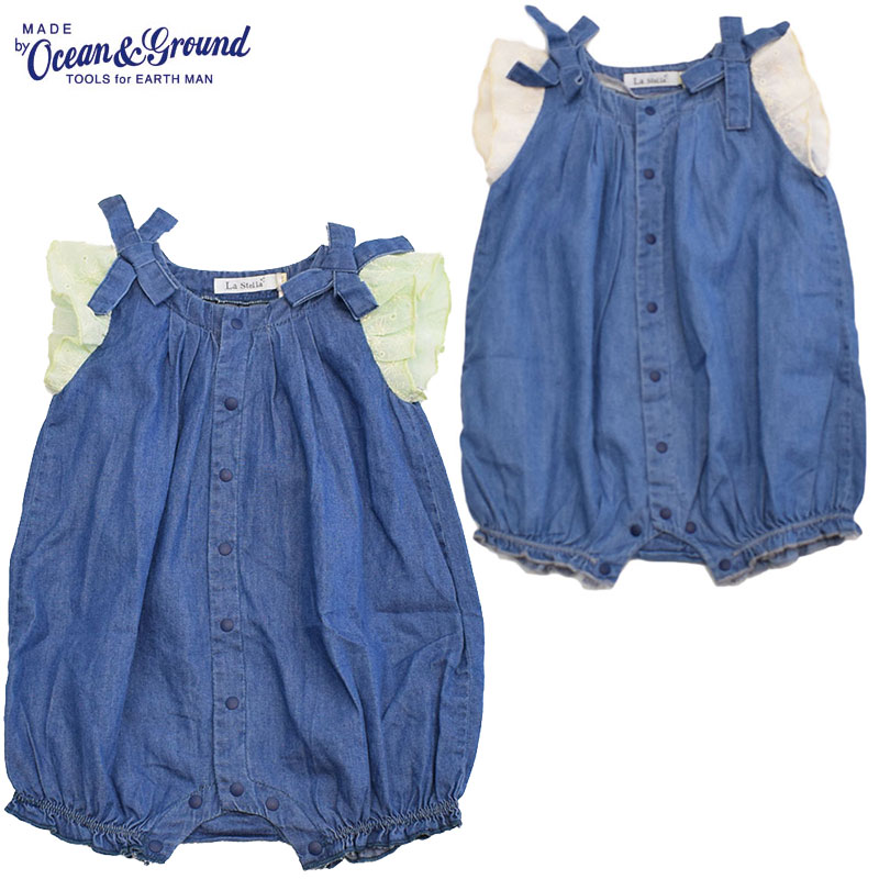 オーシャンアンドグラウンド Lastella デニムリボンギャザーロンパース 3310506