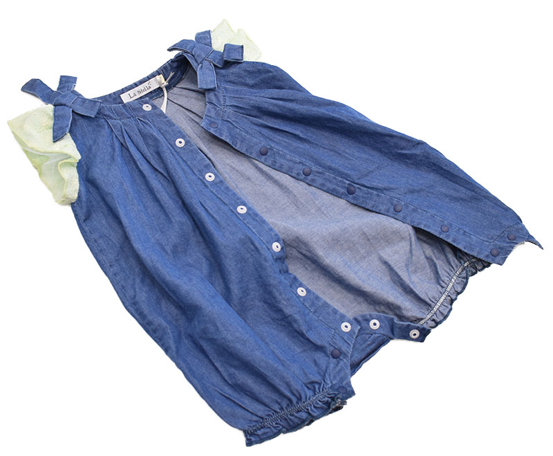 オーシャンアンドグラウンド Lastella デニムリボンギャザーロンパース 3310506