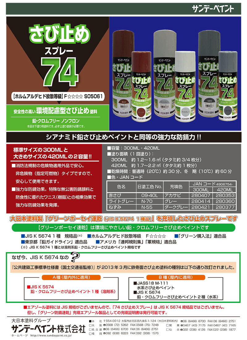 br>74さび止めスプレー 赤さび 420ml×12本入/箱 サンデーペイント 