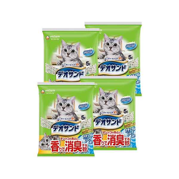 【ケース割引５％】ユニチャーム デオサンド オシッコのあとに香りで消臭する砂 ナチュラルソープの香り 5L×4袋【ケース割引５％】