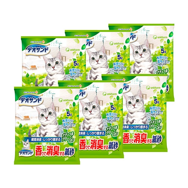 【ケース割引５％】ユニチャーム デオサンド 香りで消臭する紙砂 ナチュラルグリーンの香り 5L×６袋【ケース割引５％】