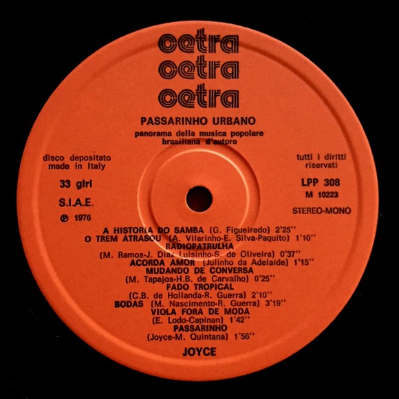 Joyce ‎– Passarinho Urbano イタリア録音、オリジナルプレス 美品