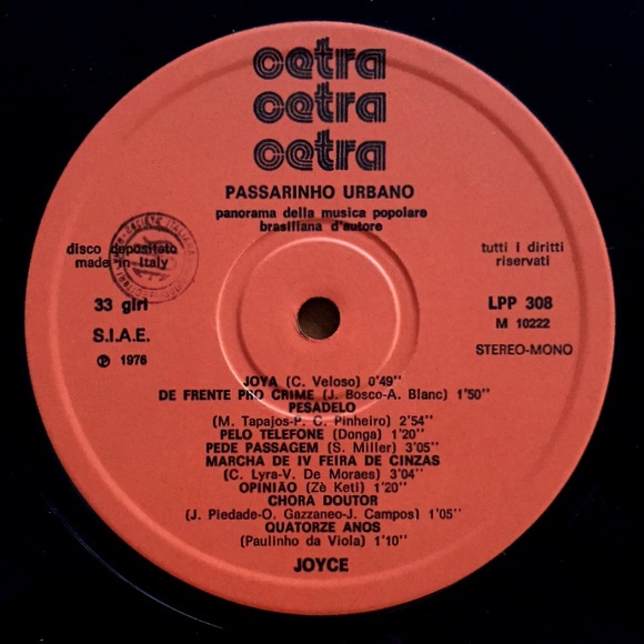 Joyce ‎– Passarinho Urbano イタリア録音、オリジナルプレス 美品