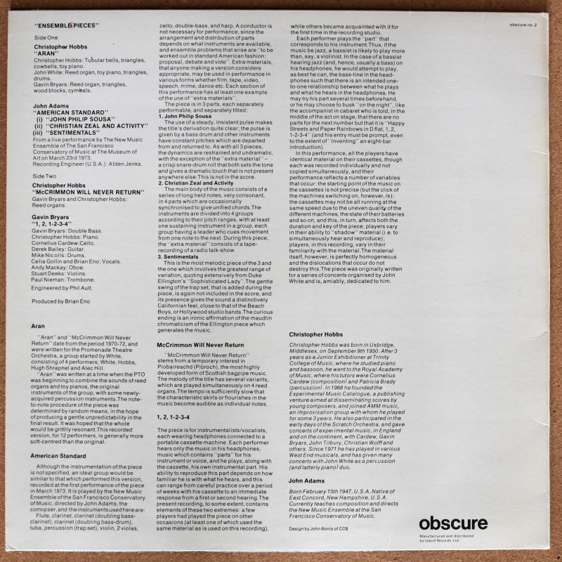 Obscure No2 Ensemble Pieces オリジナル盤 Christopher Hobbs / John Adams / Gavin Bryars - Ensemble Pieces