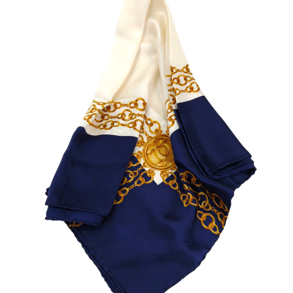 CHANEL シャネル チェーン柄 ココマーク スカーフ シルク ネイビー