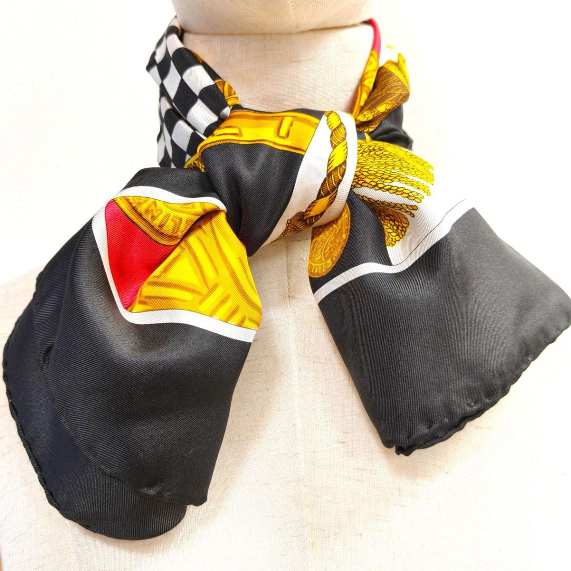 CELINE セリーヌ チェーン タッセル シルク スカーフ ブラック×マルチ