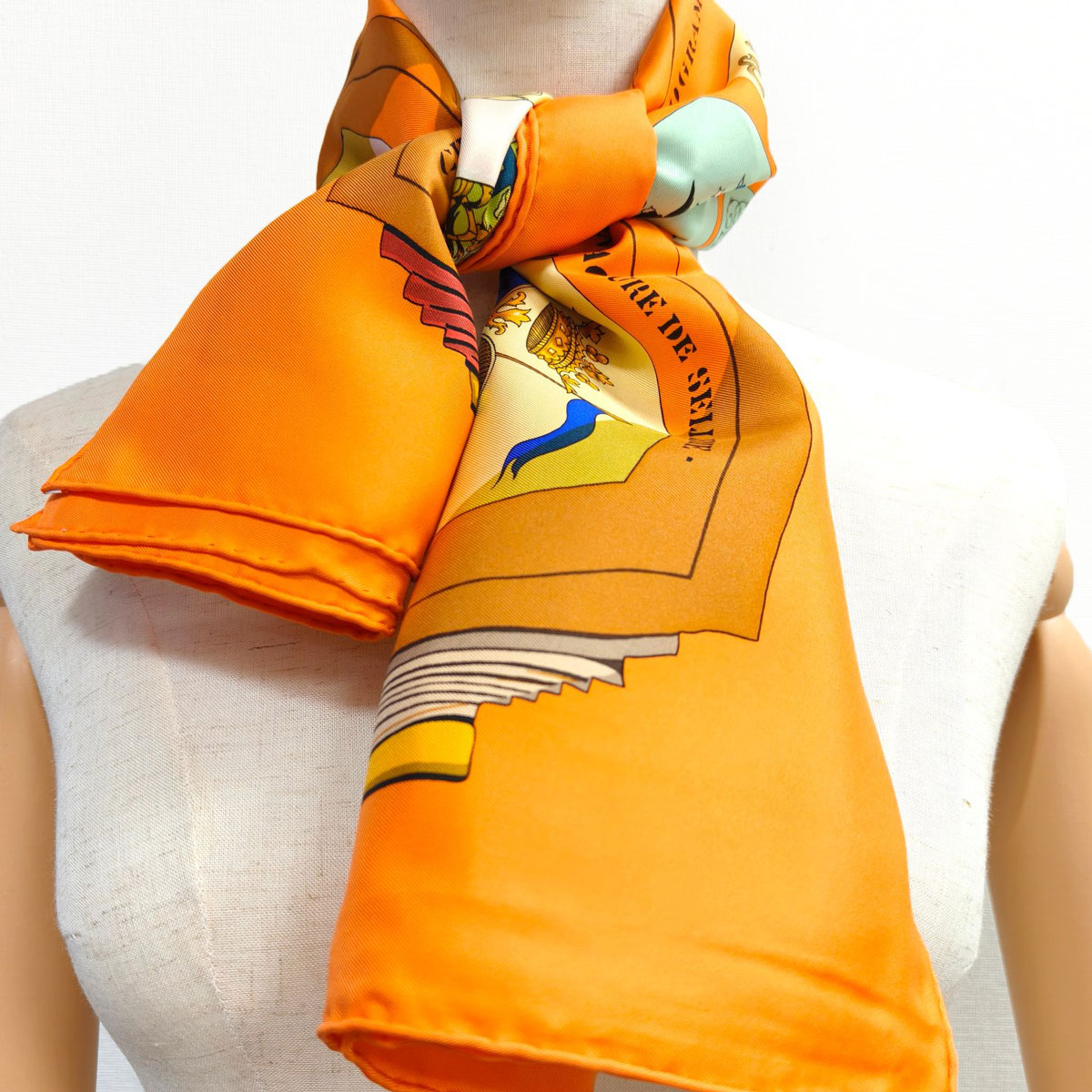 HERMES エルメス カレ90 図面と記号 シルク スカーフ オレンジ 管理