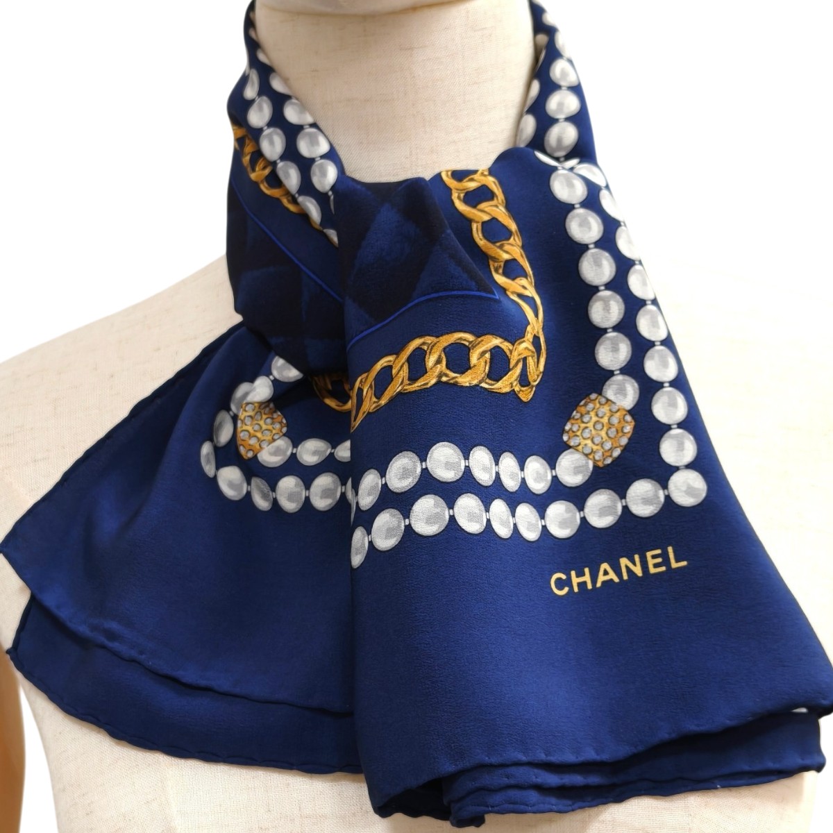 CHANEL シャネル ココマーク 大判 シルク スカーフ ネイビー 管理番号