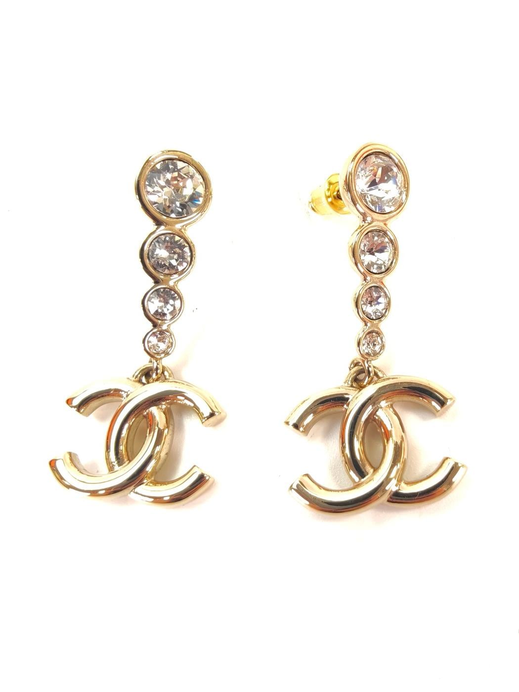 CHANEL シャネル ココマーク ドロップ ピアス ラインストーン ゴールド