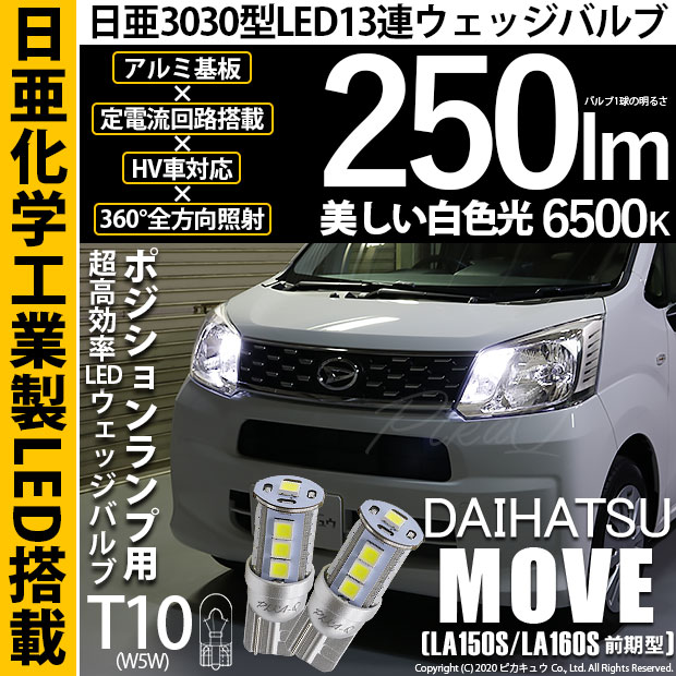 【メール便可】ダイハツ ムーヴ［LA150S/LA160S］対応 ポジションランプ用LED T10 日亜3030 13連250lm LEDウエッジバルブ LEDカラー：ホワイト　色温度：6500K　1セット2個入
