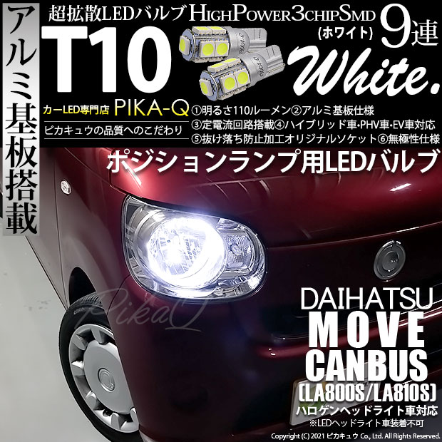 【メール便可】ダイハツ ムーヴ キャンバス［LA800S/LA810S］対応 ポジションランプ用LED T10 3chip HYPER SMD 9連 ウェッジシングル LEDカラー：ホワイト 無極性 1セット2個入