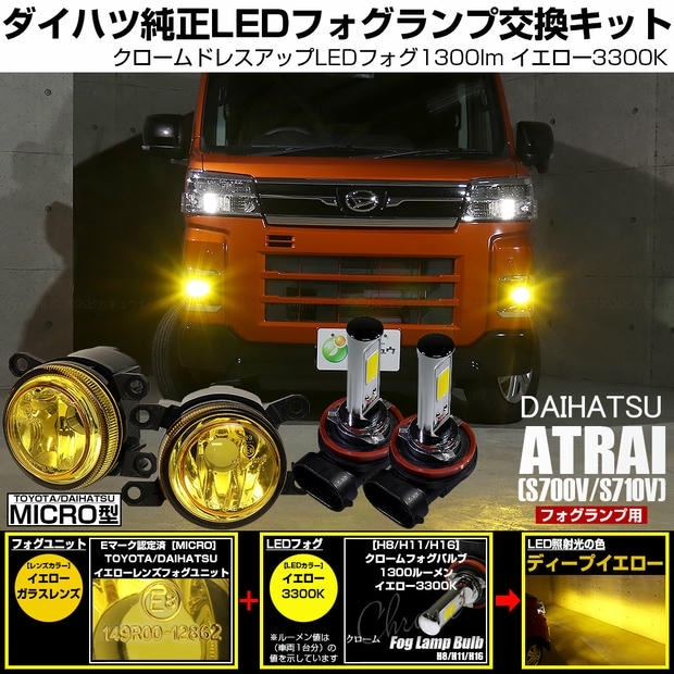 ダイハツ アトレー［S700V/S710V］対応［MICRO型］イエローガラスレンズフォグランプユニット付 クロームLEDフォグバルブ 1300lm イエロー バルブ規格：H11(H8/H11/H16共通) 「おすすめ商品」