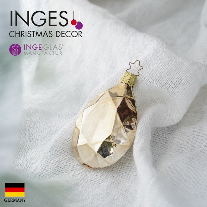 【100004】 クリスマスツリー オーナメント ドイツ INGE-GLAS MANUFAKTUR(インゲ・グラス)ダイヤモンド ドロップ しずく アンバーゴールド 8.5cm