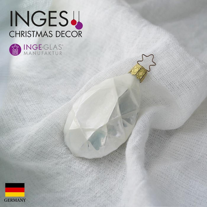 【100010】 クリスマスツリー オーナメント ドイツ INGE-GLAS MANUFAKTUR（インゲ・グラス）ダイヤモンド ドロップ しずく ホワイトパール 8.5cm