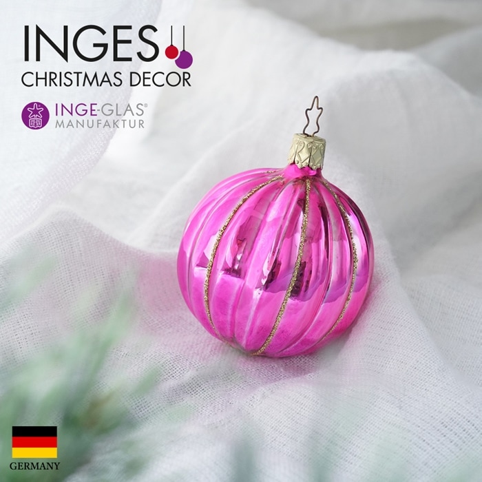 【100033】 クリスマスツリー オーナメント ドイツ INGE-GLAS MANUFAKTUR(インゲ・グラス)ボールオーナメントストライプ ホットピンク ゴールド 7.5cm