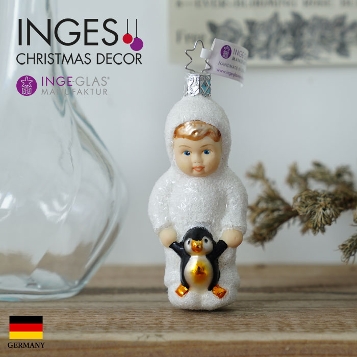 クリスマスツリー オーナメント ドイツ INGE-GLAS MANUFAKTUR（インゲ・グラス）ガラス ［雪のこどもたち］ ペンギンとこども 10.5cm _[100040]  s60