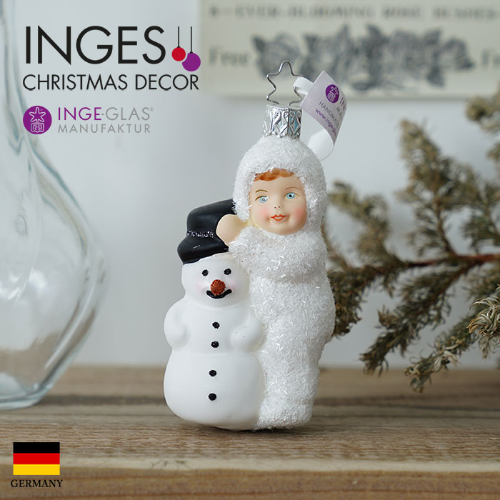 クリスマスツリー オーナメント ドイツ INGE-GLAS MANUFAKTUR（インゲ・グラス）ガラス ［雪のこどもたち］ 雪だるまとこども 10.5cm _[100054]  s60