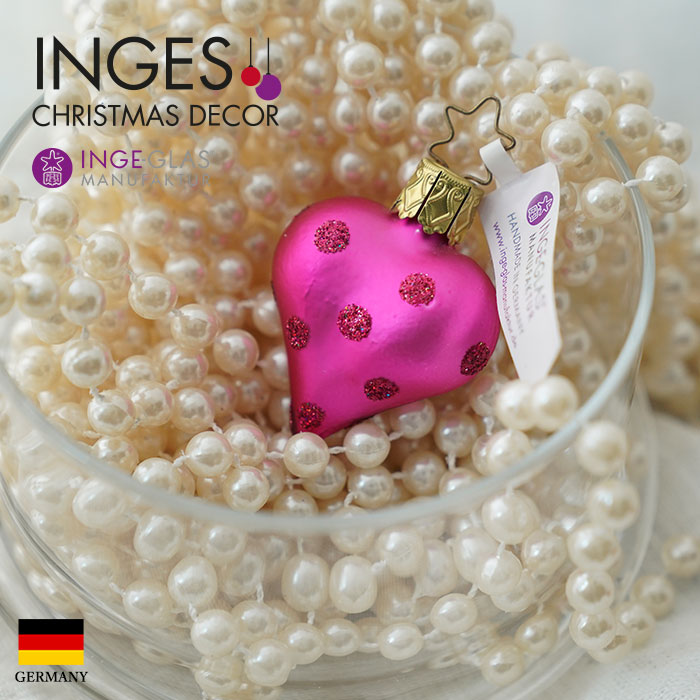 クリスマスツリー オーナメント ドイツ INGE-GLAS MANUFAKTUR（インゲ・グラス）ホットピンクハート ドット柄 5cm _[100112]