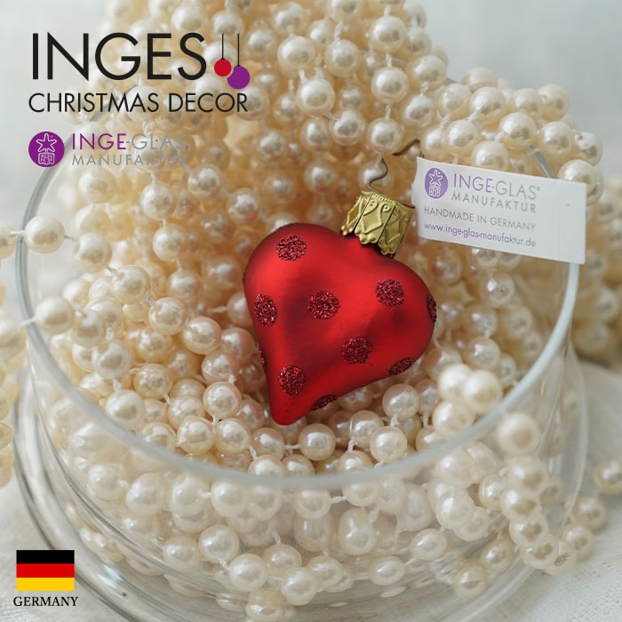 クリスマスツリー オーナメント ドイツ INGE-GLAS MANUFAKTUR（インゲ・グラス）マットレッドハート ドット柄 5cm _[100113]  s60