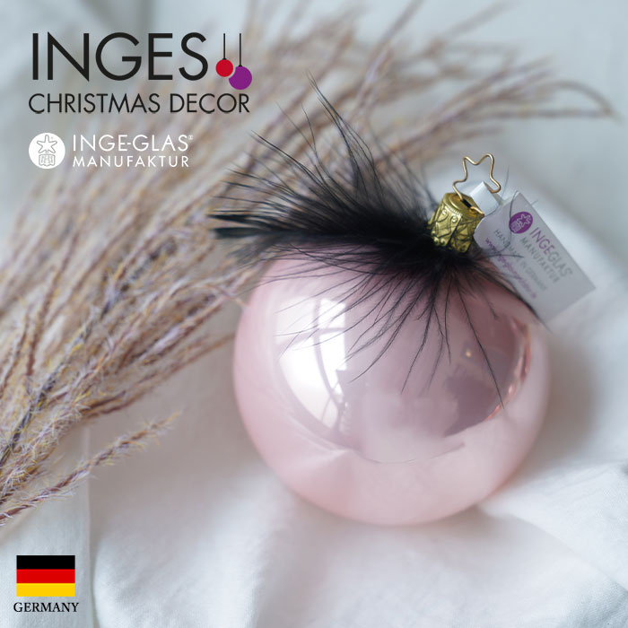 クリスマスツリー オーナメント ドイツ INGE-GLAS MANUFAKTUR（インゲ・グラス）ブラックフェザー ライトローズパール 8cm _[100129]