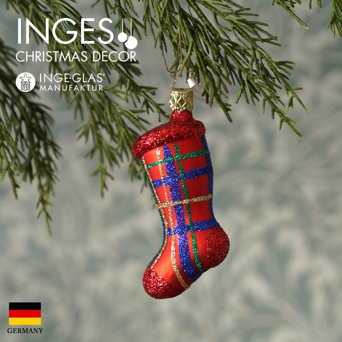 【100155】 クリスマスツリー オーナメント ドイツ INGE-GLAS MANUFAKTUR(インゲ・グラス)赤色にチェック柄のはいったソックス 10cm
