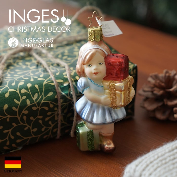 クリスマスツリー オーナメント ドイツ INGE-GLAS MANUFAKTUR（インゲ・グラス）プレゼントをもった女の子 11cm _[100160]  s60