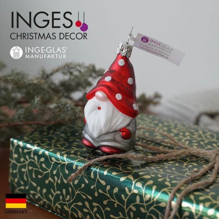 クリスマスツリー オーナメント ドイツ INGE-GLAS MANUFAKTUR（インゲ・グラス）ガラス 顔が見えない赤い帽子のノーム レッド 9cm _[100180]  s60