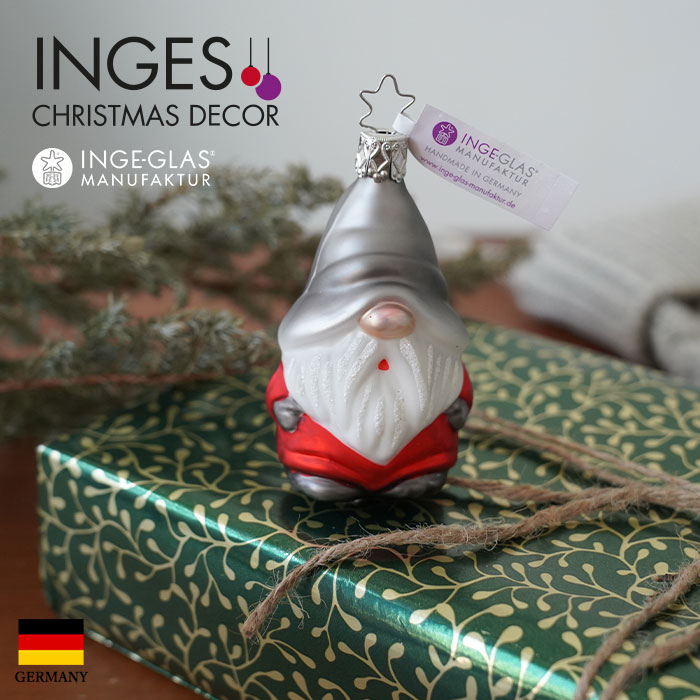 クリスマスツリー オーナメント ドイツ INGE-GLAS MANUFAKTUR（インゲ・グラス）ガラス 顔が見えない銀の帽子のノーム レッド 9cm _[100181]  s60
