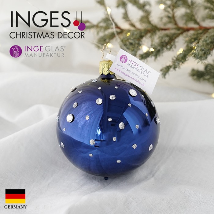 クリスマスツリー オーナメント ドイツ INGE-GLAS MANUFAKTUR（インゲ・グラス）ガラス デコレーションボール スワロフスキー シルバードット ミッドナイトネイビー 8cm _[100192]  s60