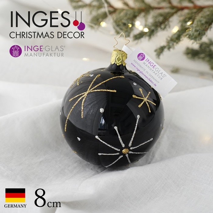 クリスマスツリー オーナメント ドイツ INGE-GLAS MANUFAKTUR（インゲ・グラス）ガラス デコレーションボール スター柄ブラックパール 8cm _[100198]  s60