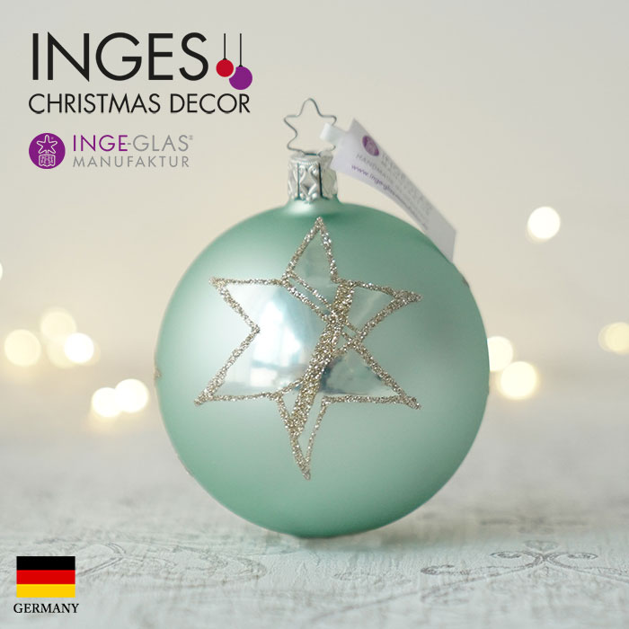クリスマスツリー オーナメント ドイツ INGE-GLAS MANUFAKTUR（インゲ・グラス）ガラス デコレーションボール グラフィカルスター柄 星柄 ミネラルグリーンマット 8cm _[100216]  s60