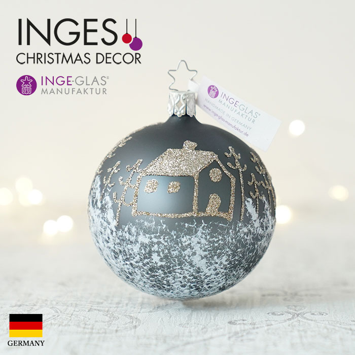 クリスマスツリー オーナメント ドイツ INGE-GLAS MANUFAKTUR（インゲ・グラス）ガラス デコレーションボール ウインターランド 静寂に包まれた冬の夜 アッシュグレー 8cm _[100218]  s60
