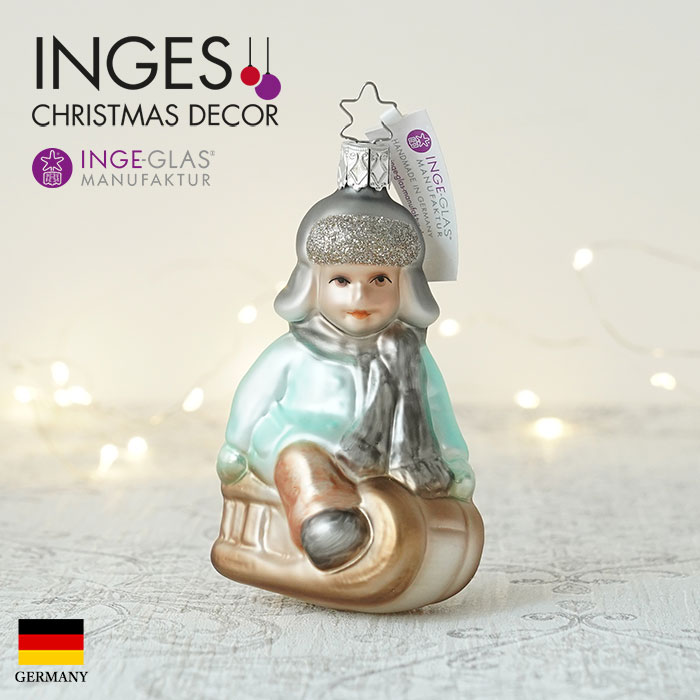 クリスマスツリー オーナメント ドイツ INGE-GLAS MANUFAKTUR（インゲ・グラス）ガラス ソリに乗った男の子 10.5cm _[100223]  s60