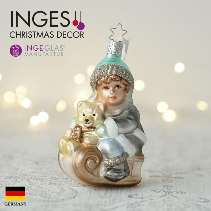 クリスマスツリー オーナメント ドイツ INGE-GLAS MANUFAKTUR（インゲ・グラス）ガラス くまと一緒にソリに乗った女の子 10cm _[100224]  s60