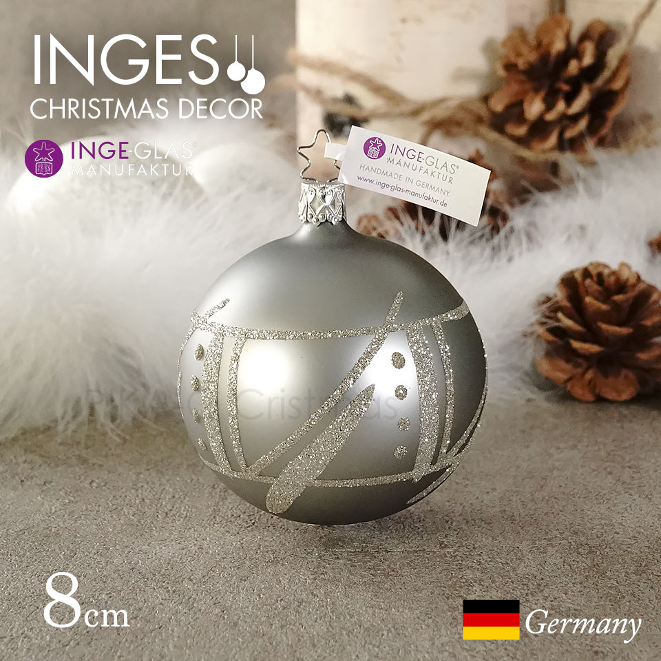 クリスマスツリー オーナメント ドイツ INGE-GLAS MANUFAKTUR（インゲ・グラス）ガラス デコレーションボール グレーマット 抽象柄 8cm _[100234]  s60