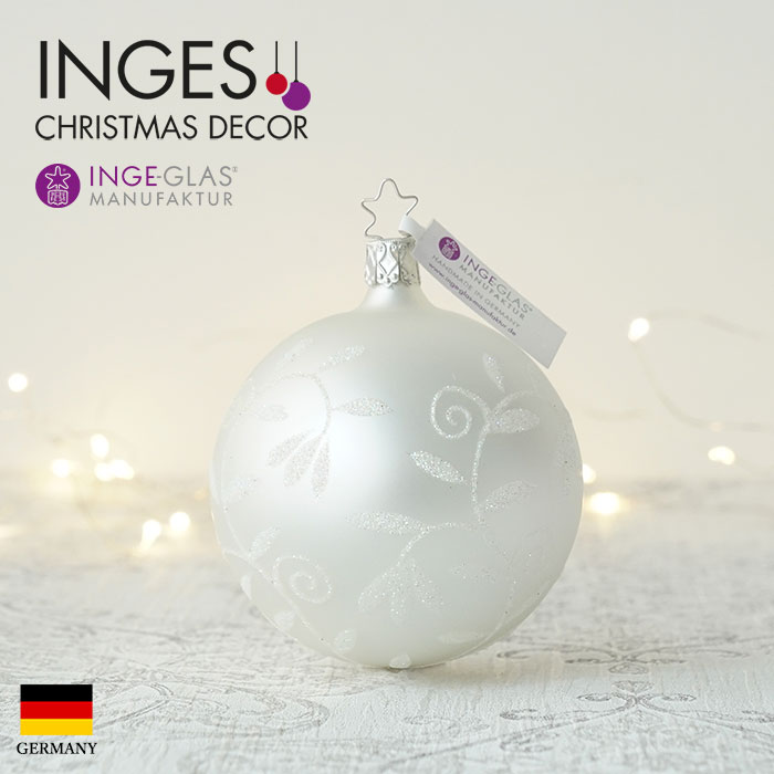 クリスマスツリー オーナメント ドイツ INGE-GLAS MANUFAKTUR（インゲ・グラス）ガラス デコレーションボール つたの柄 蔦柄 植物柄 ボタニカル柄 ホワイトマット 8cm _[100240]  s60