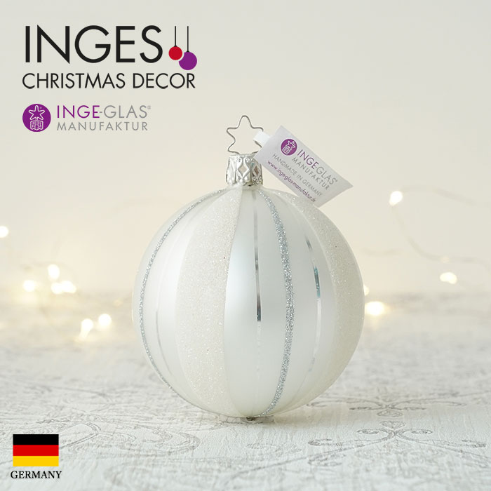 クリスマスツリー オーナメント ドイツ INGE-GLAS MANUFAKTUR（インゲ・グラス）ガラス デコレーションボール ストライプ ホワイトマット シルバー 8cm _[100243]  s60