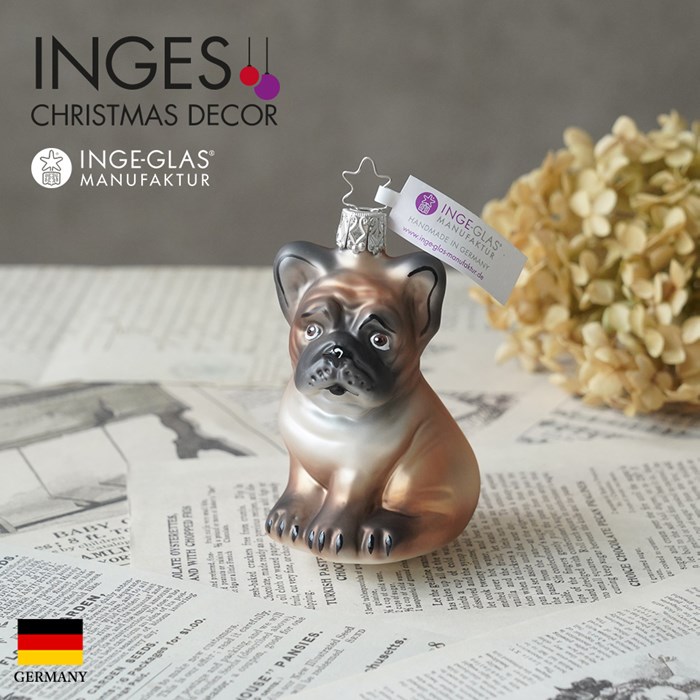 クリスマスツリー オーナメント ドイツ INGE-GLAS MANUFAKTUR（インゲ・グラス）ガラス ブルドッグの子犬 動物 アニマル 茶 9.5cm _[100259]  s60