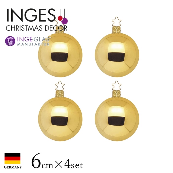 【100286】 クリスマスツリー オーナメント ドイツ INGE-GLAS MANUFAKTUR（インゲ・グラス）ボール インカゴールド シャイニー 6cm 4個入