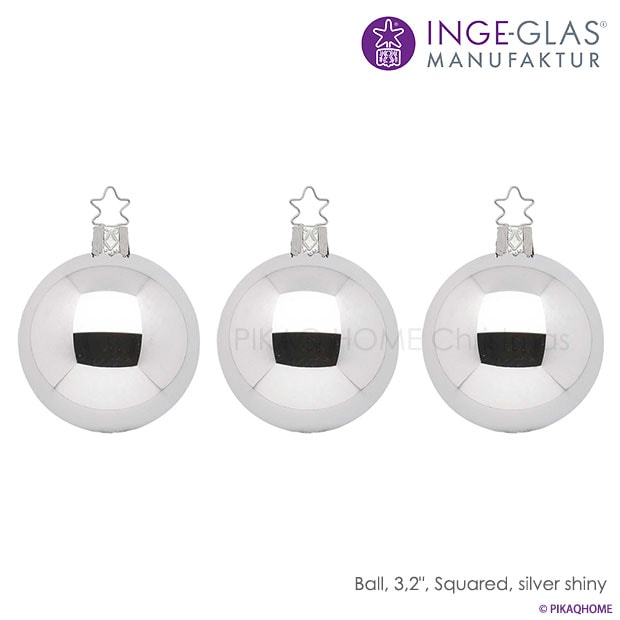 【100297】 クリスマスツリー オーナメント ドイツ INGE-GLAS MANUFAKTUR（インゲ・グラス）ボール シルバー シャイニー 8cm 3個入