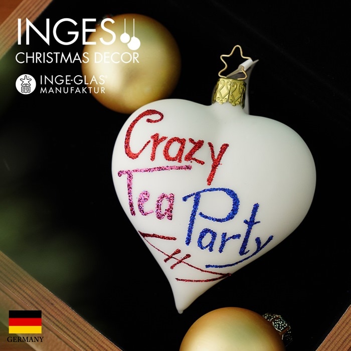クリスマスツリー オーナメント ドイツ INGE-GLAS MANUFAKTUR（インゲ・グラス）ガラス ［不思議の国のアリス］ハート　クレイジーティーパーティ 白 10cm _[100338]  s60