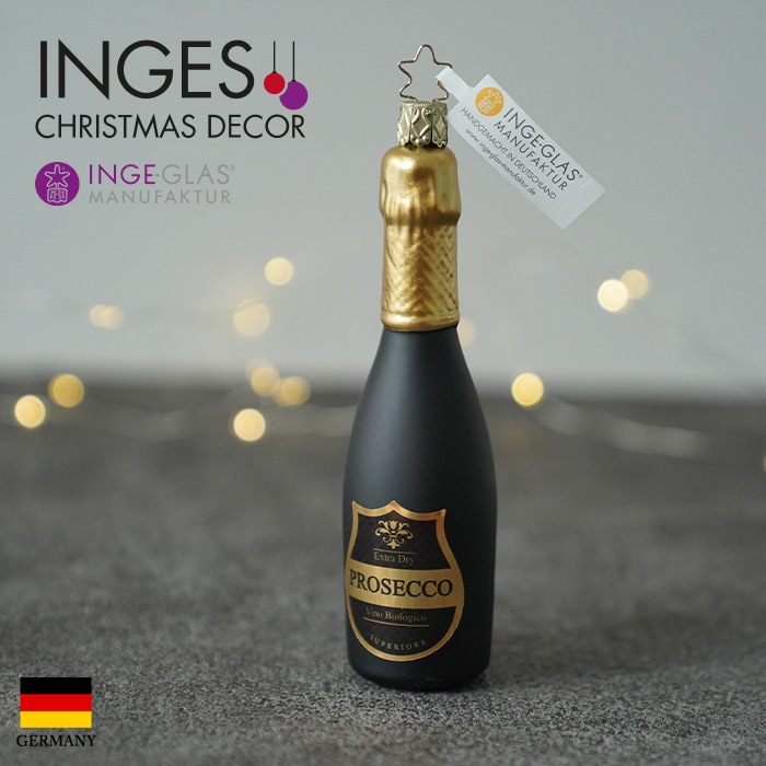 クリスマスツリー オーナメント ドイツ INGE-GLAS MANUFAKTUR（インゲ・グラス）ガラス プロセッコワインで乾杯 スパークリングワイン ワインボトル ドリンク 黒 14.5cm _[100360]  s60