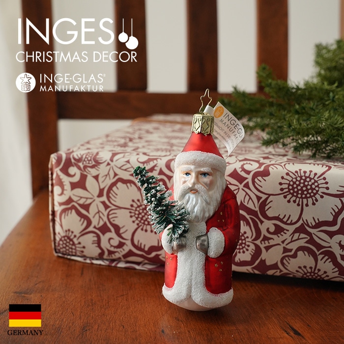 クリスマスツリー オーナメント ドイツ INGE-GLAS MANUFAKTUR（インゲ・グラス）ガラス もみの木を持ったサンタクロース 赤白 11cm _[100366]  s60