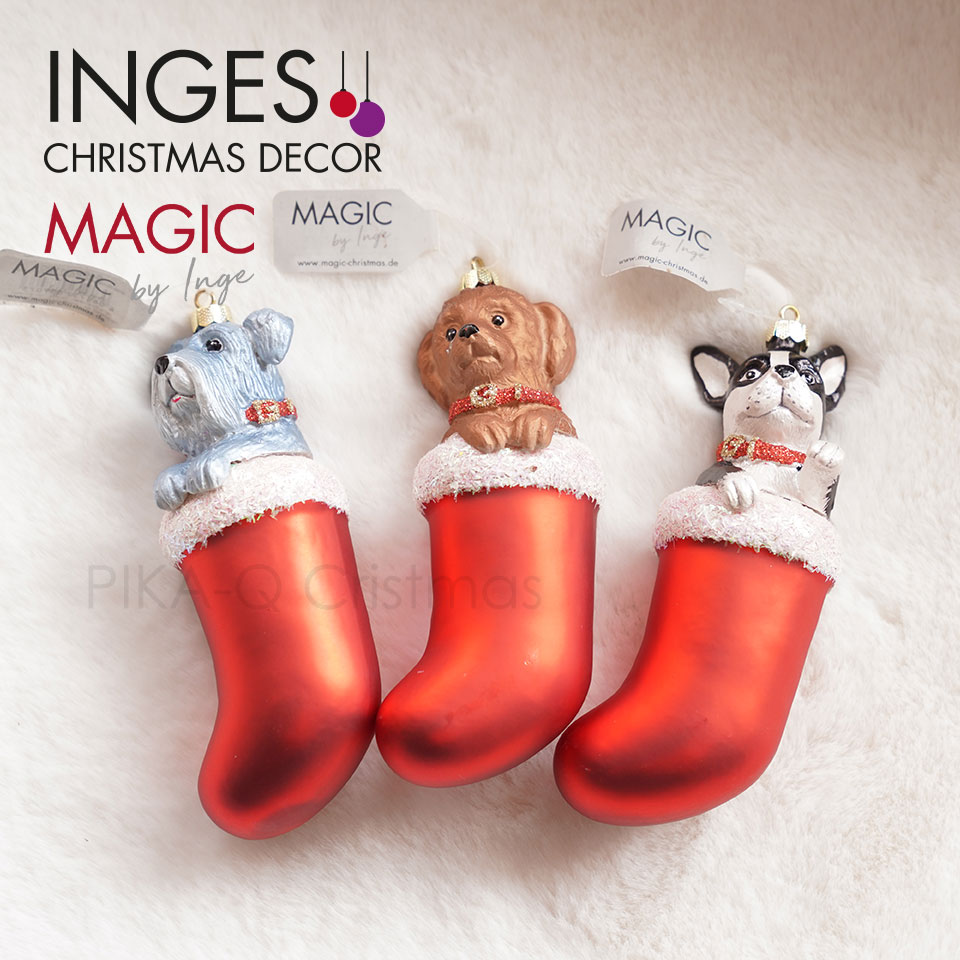 【110011】 クリスマスツリー オーナメント ドイツ INGE-GLAS MAGIC 赤いクリスマスソックスに入ったイヌ 3個入