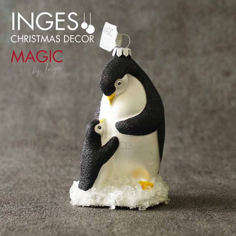 【110013】 クリスマスツリー オーナメント ドイツ INGE-GLAS MAGIC ペンギンの親子 モノトーン 12cm